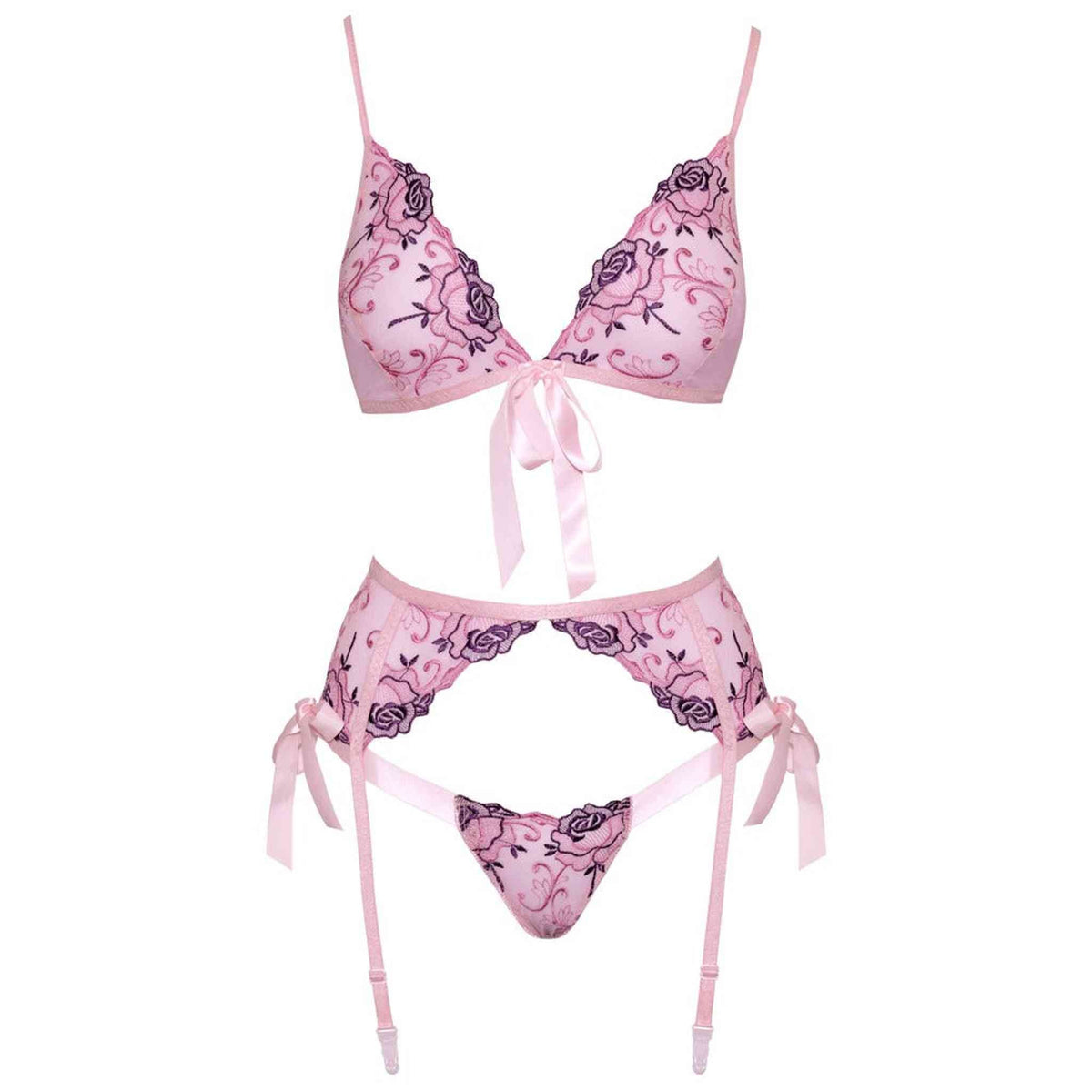 Completo Sexy Rosa con Fiocchi e Ricami a Fiori