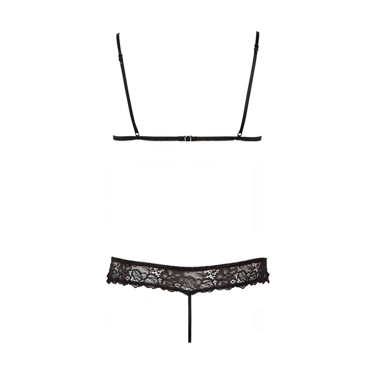 Vista posteriore reggiseno pizzo nero chiusura gancio e mutandina cinghietta lunga