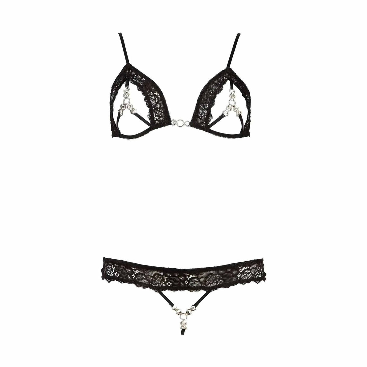 BH set pizzo nero con gioielli argento e catenelle decorative