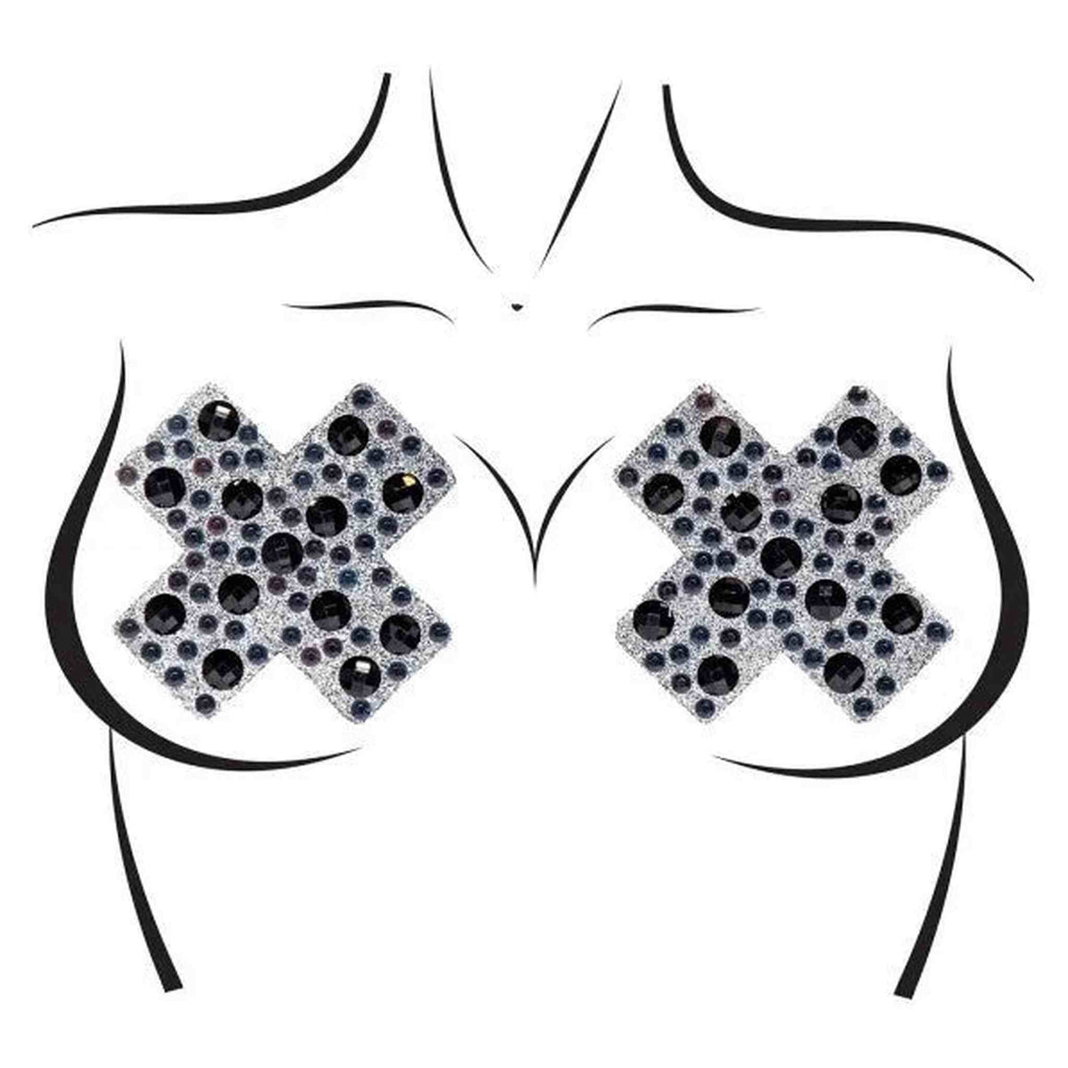 Copricapezzoli adesivi a forma di X con base glitterata argento e strass neri