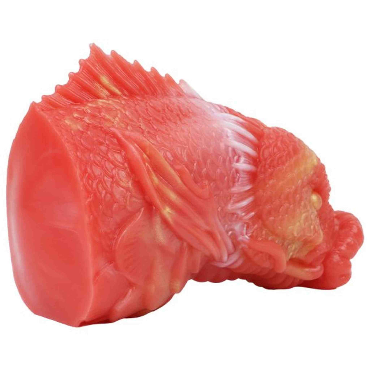 Toy silicone liquido koi rosso corallo con dettagli dorati e scaglie