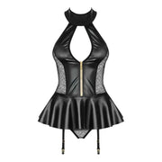 Corsetto nero lingerie scollo halter con zip dorata centrale e colletto alto