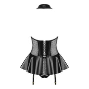 Corsetto nero lingerie con gonna a campana, pizzo rete e lacci incrociati retro