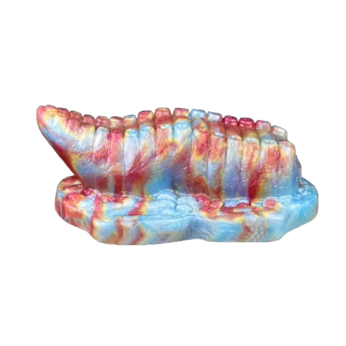 Vista frontale toy Cosmo bocca mostro silicone morbido blu con striature multicolori