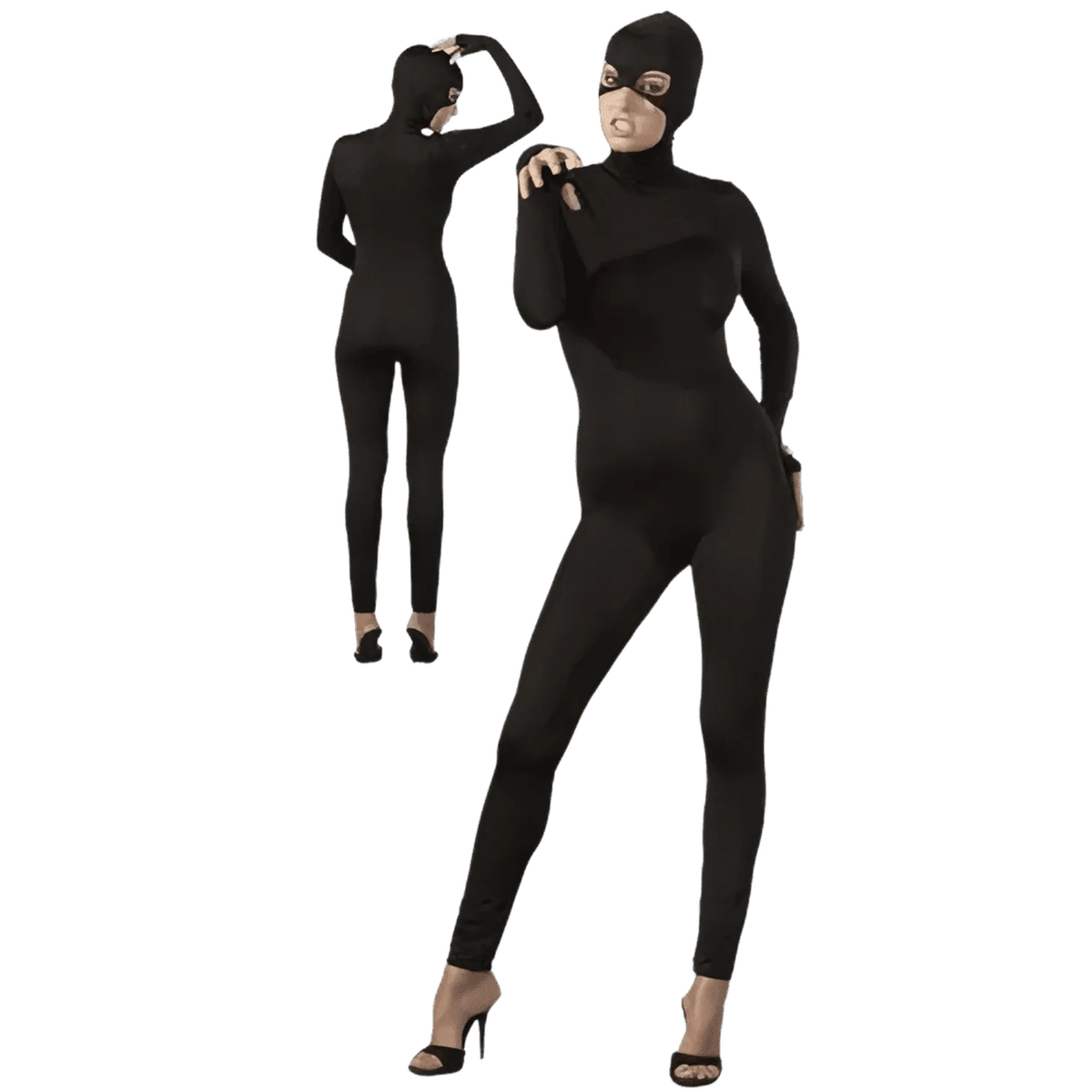Costume da ladra nero bodysuit aderente con maschera integrale per roleplay