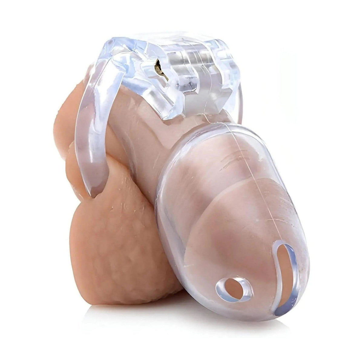 Gabbia peniena in silicone trasparente montata su modello per mostrare la vestibilità