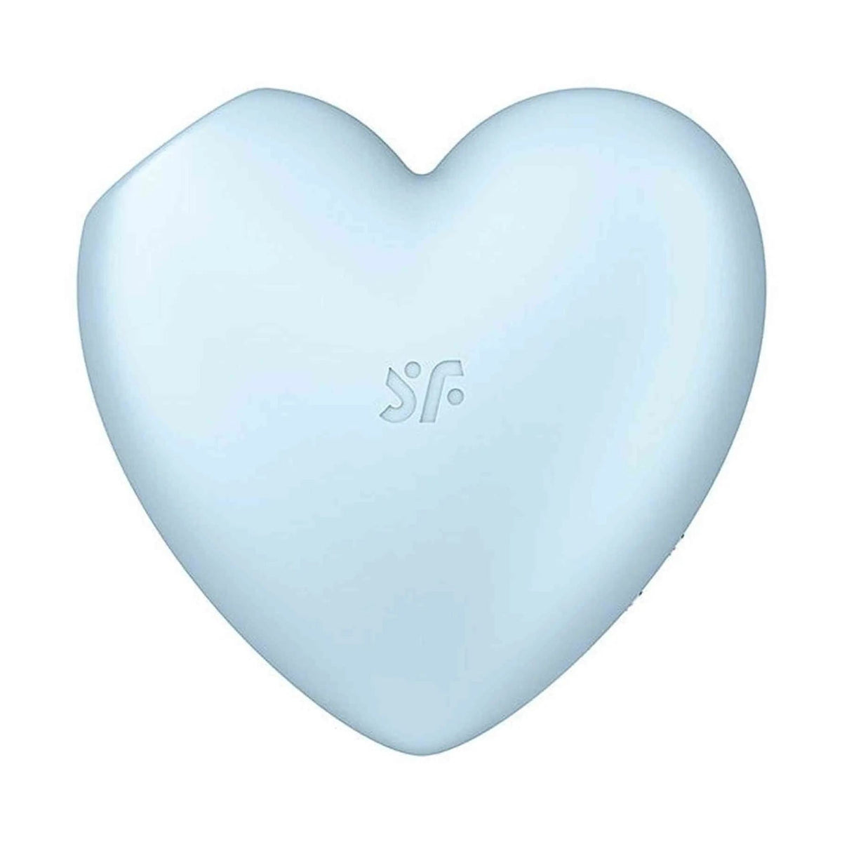 Vista frontale Satisfyer Cutie Heart blu chiaro con logo Sf inciso