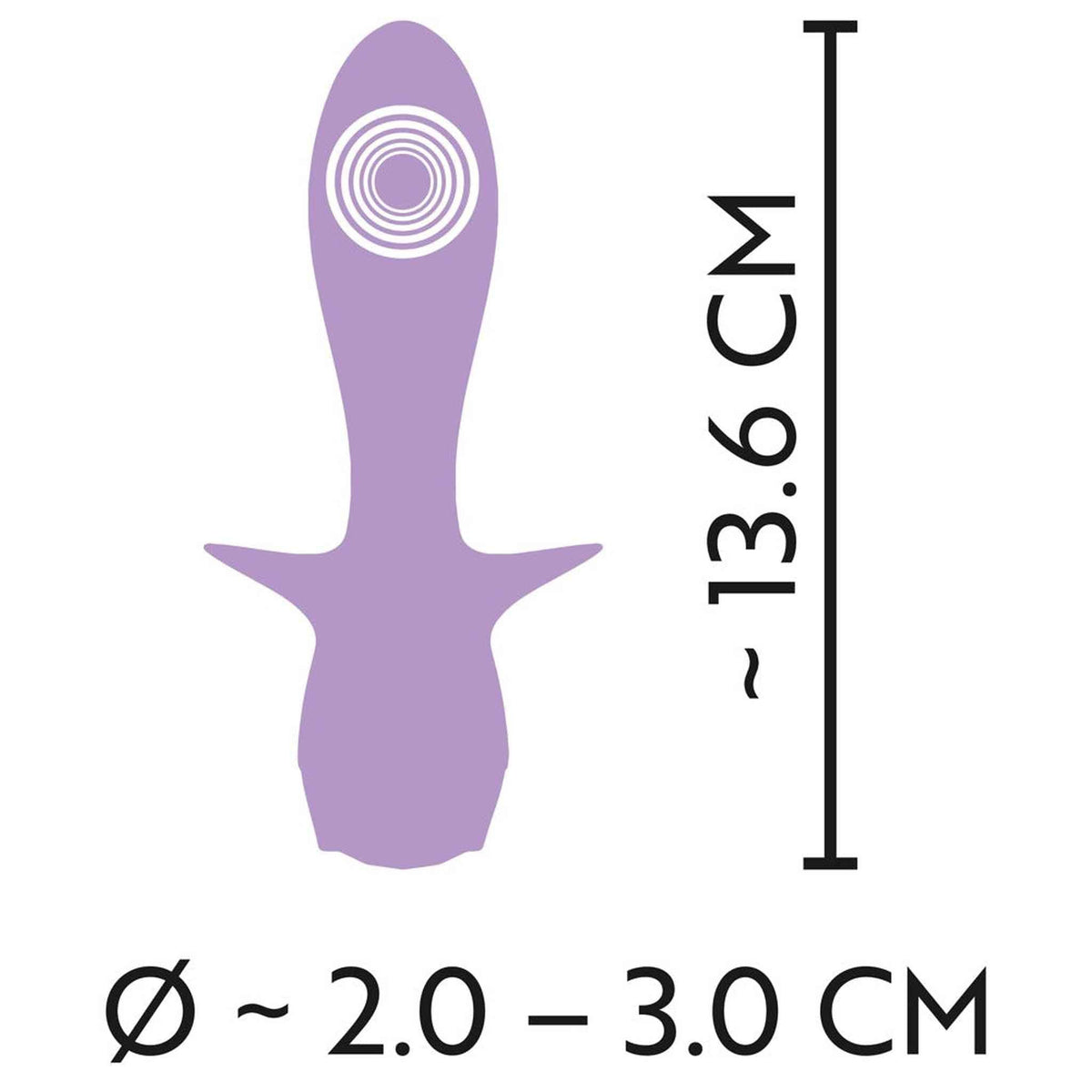 Illustrazione tecnica vibratore Cuties Mini lilla con misure 13.6 cm e zona vibrazione