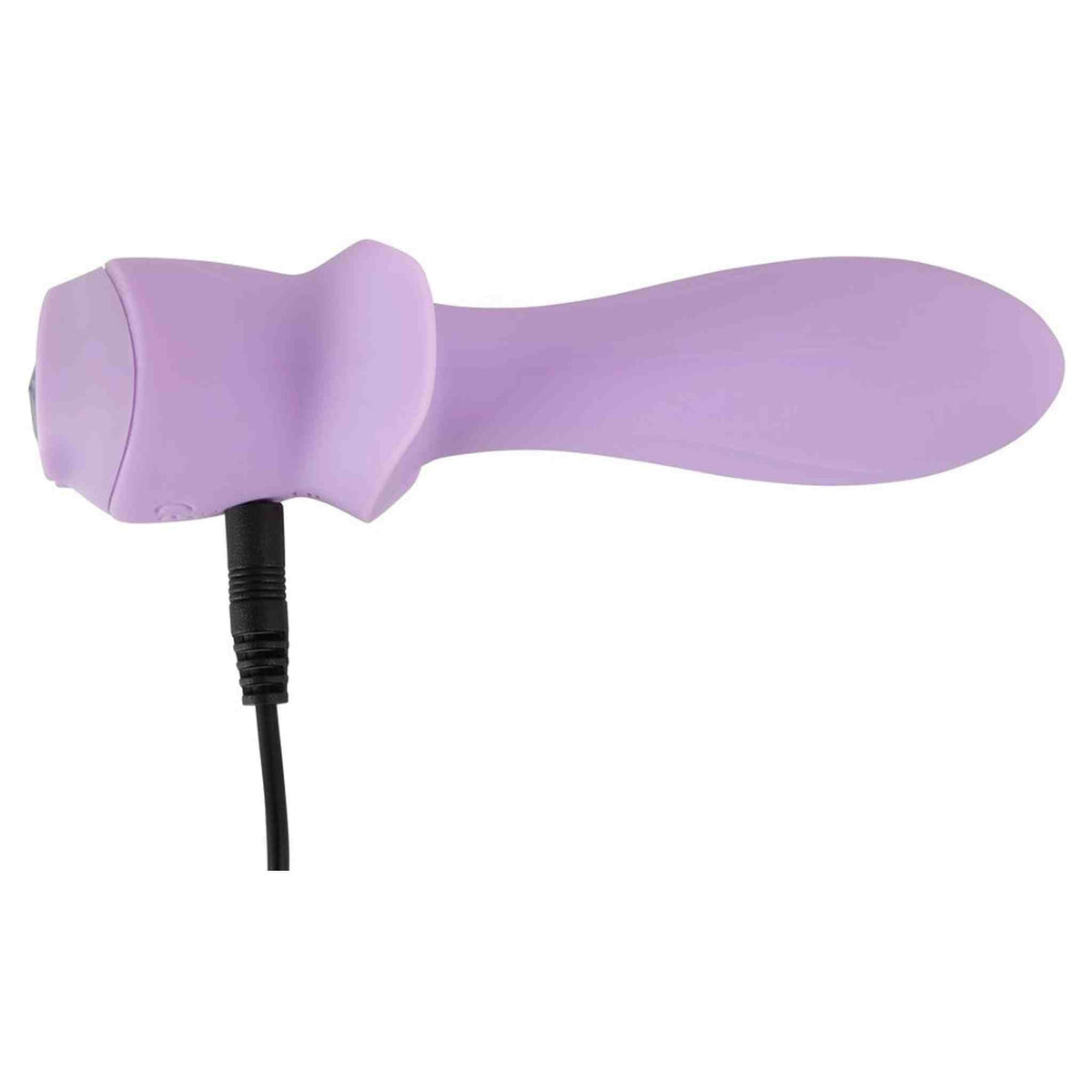 Vibratore Cuties Mini lilla di profilo con cavo audio collegato alla base voluminosa