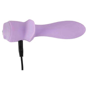 Vibratore Cuties Mini lilla di profilo con cavo audio collegato alla base voluminosa