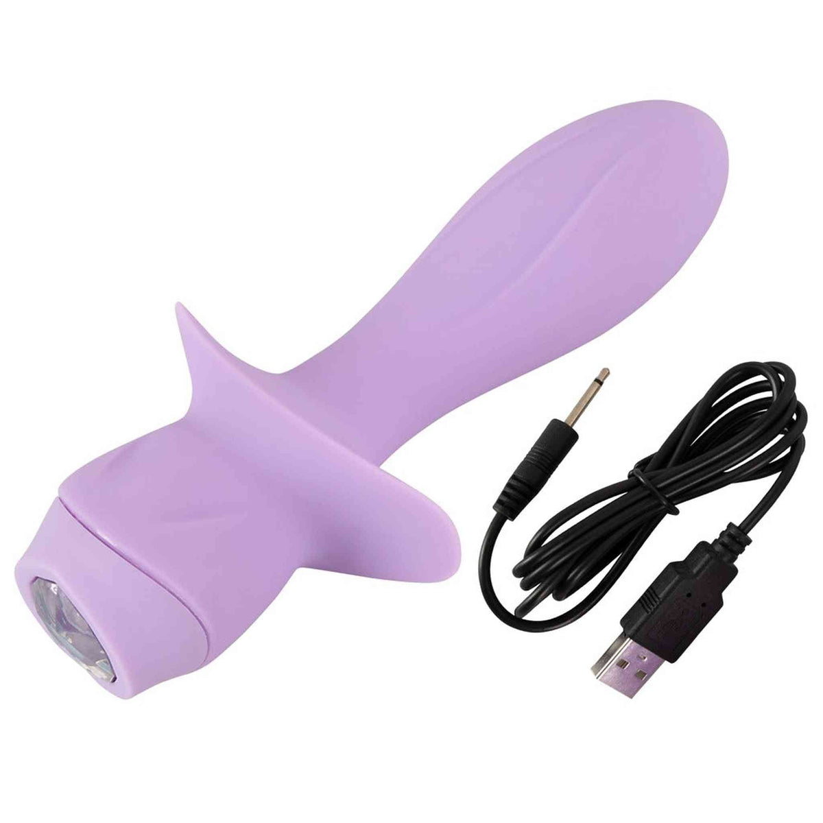 Vibratore Cuties Mini lilla ricaricabile USB con cavo nero e lente frontale trasparente