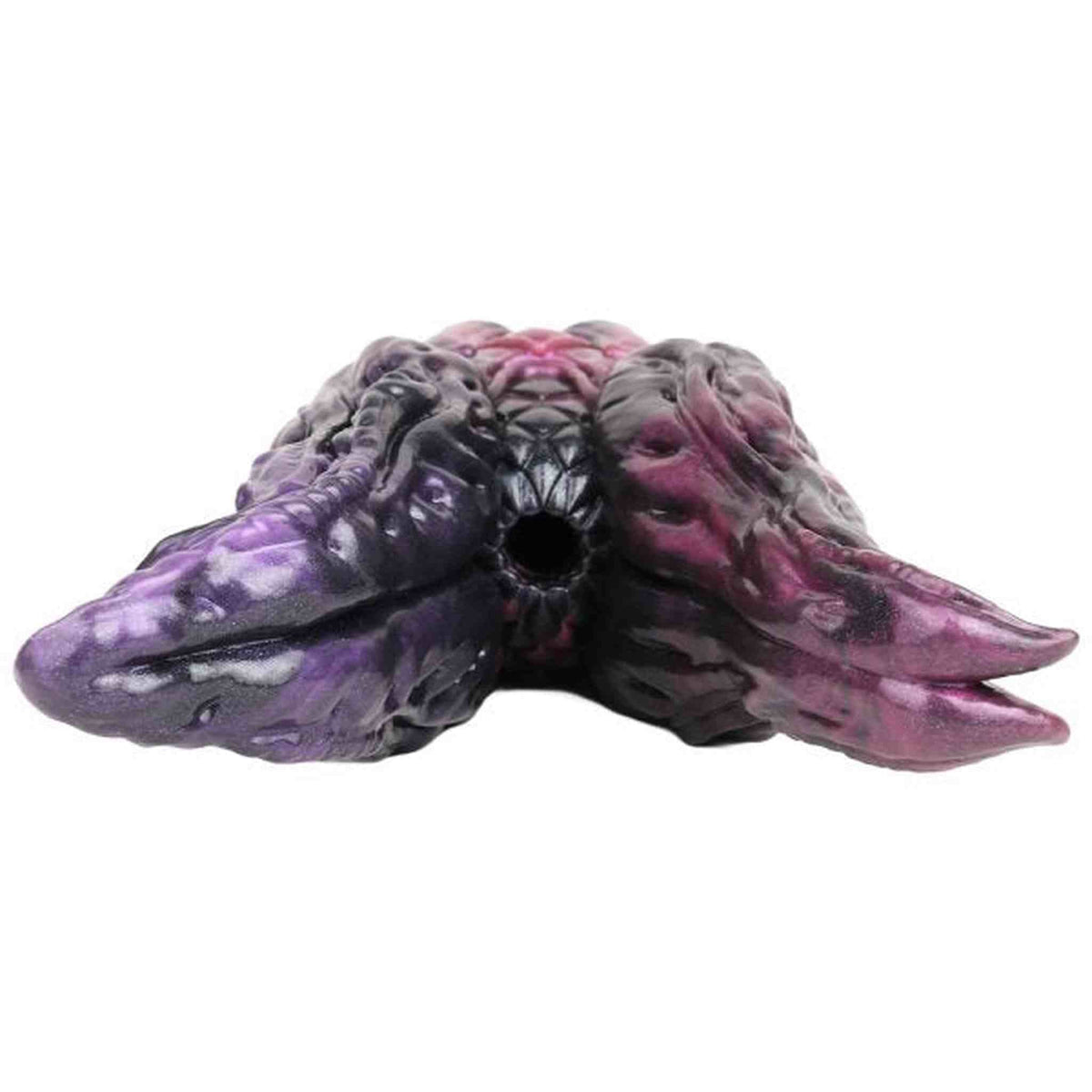 Vista frontale Dagon silicone nero viola con texture venature e foro centrale