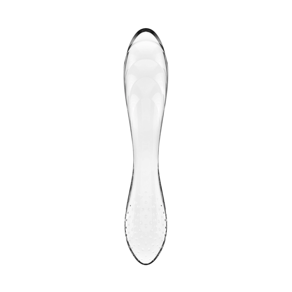 Vista frontale dildo in vetro trasparente Satisfyer a forma di clessidra con dettagli base