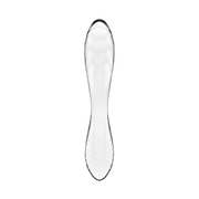 Vista frontale dildo in vetro trasparente Satisfyer a forma di clessidra con dettagli base