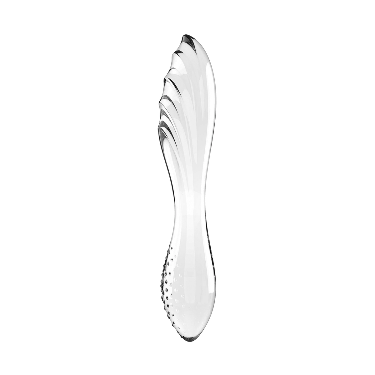 Profilo laterale dildo in vetro lucido Satisfyer con forma sinuosa e base punteggiata