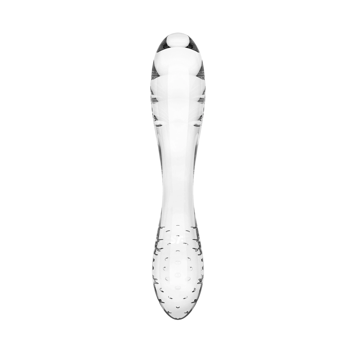 Dettaglio frontale dildo in vetro trasparente Satisfyer con rilievi circolari sulla base