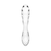 Dettaglio frontale dildo in vetro trasparente Satisfyer con rilievi circolari sulla base