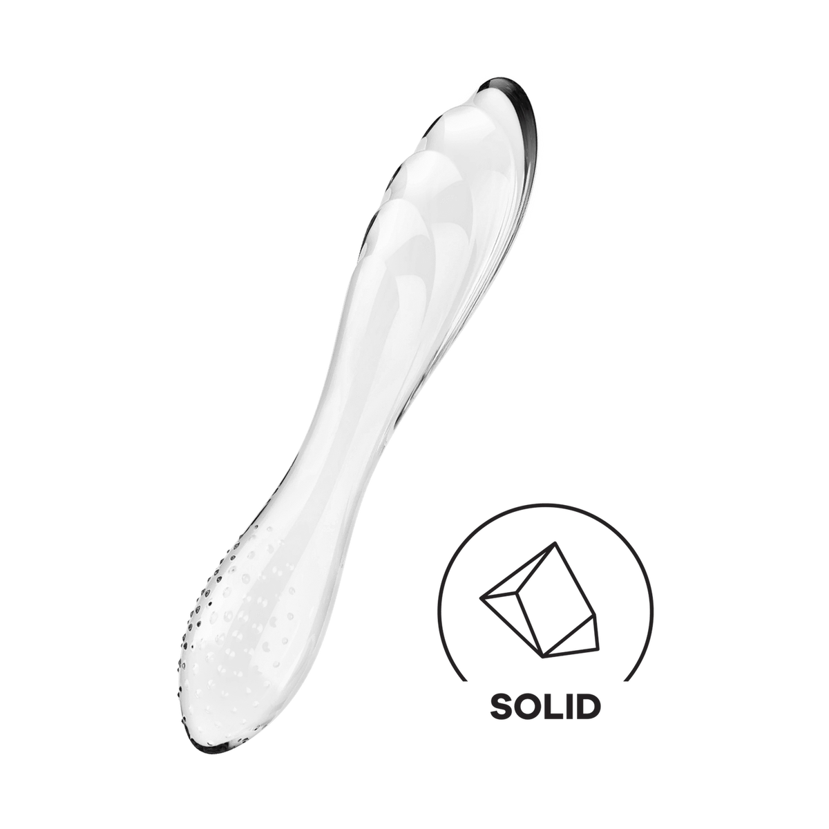 Dildo in vetro trasparente Satisfyer con icona 'SOLID' che indica materiale solido