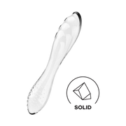 Dildo in vetro trasparente Satisfyer con icona 'SOLID' che indica materiale solido