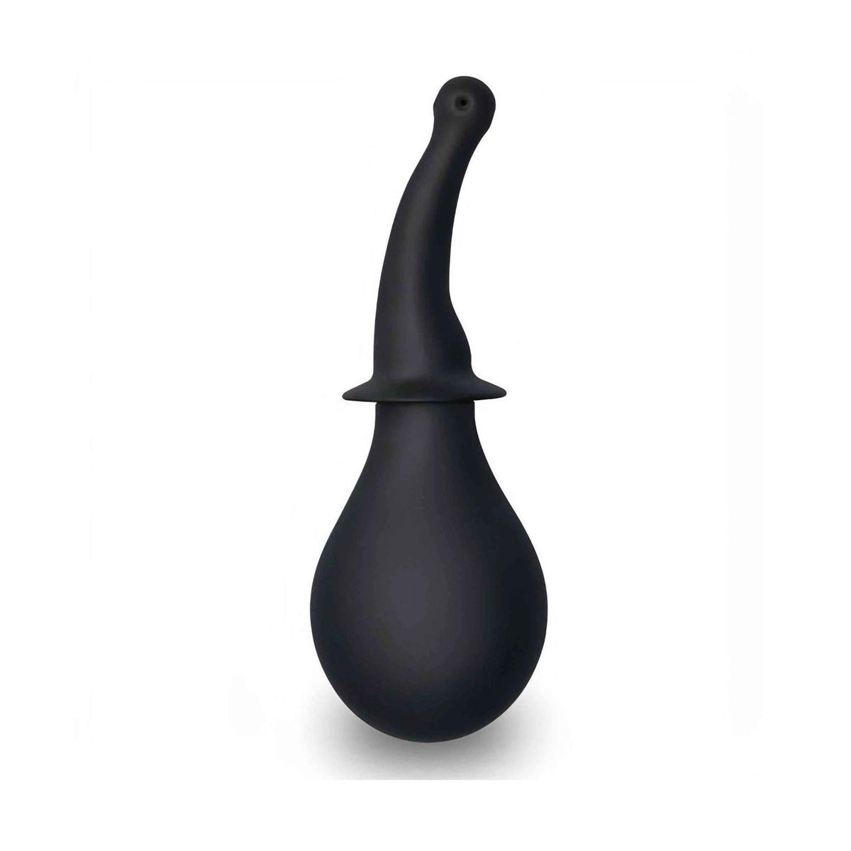 Doccetta intima nera in silicone con corpo sferico gonfiabile e ugello curvo su sfondo bianco