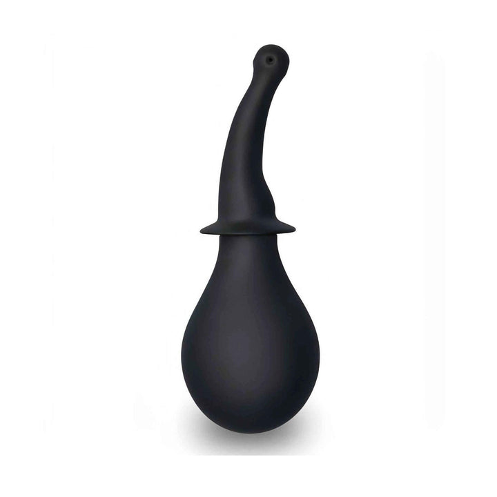 Doccetta intima nera in silicone con corpo sferico gonfiabile e ugello curvo su sfondo bianco