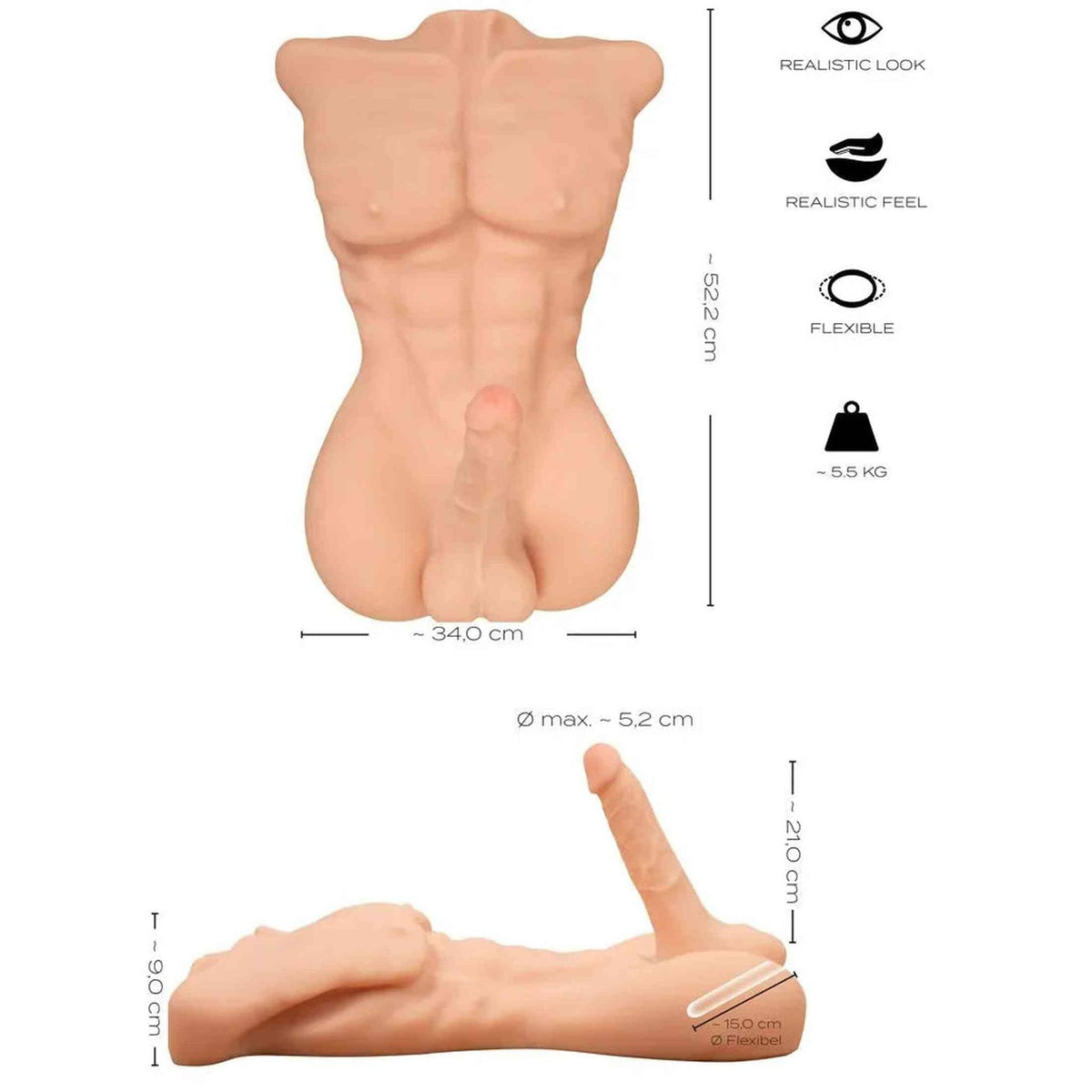 Deluxe Torso Uomo Muscoloso Super Realistico con dildo 52 x 34 cm