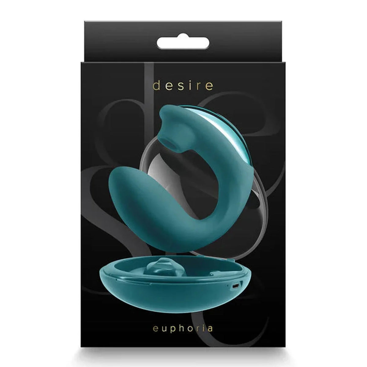 Vibratore rabbit Desire Euphoria turchese con astuccio aperto e packaging nero