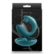 Vibratore rabbit Desire Euphoria turchese con astuccio aperto e packaging nero