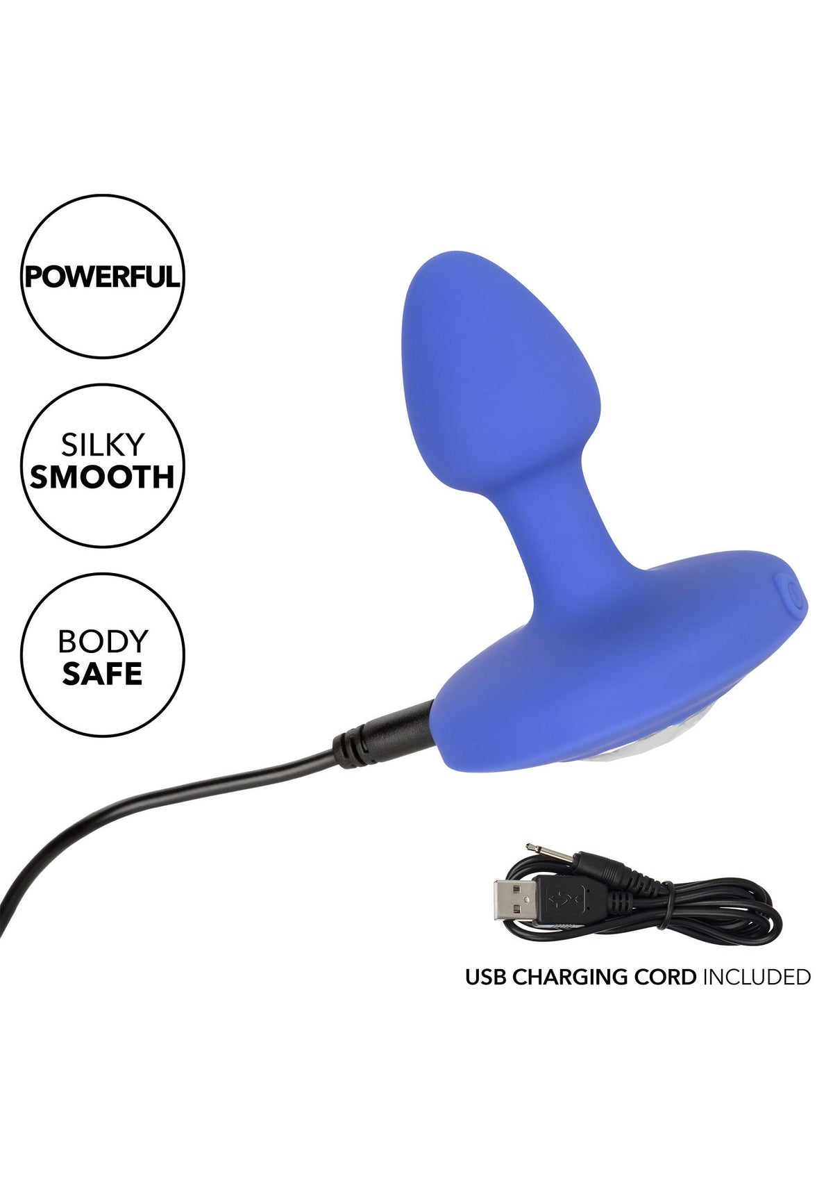 Plug anale siliceo blu con cavo di ricarica USB incluso e icone sicurezza