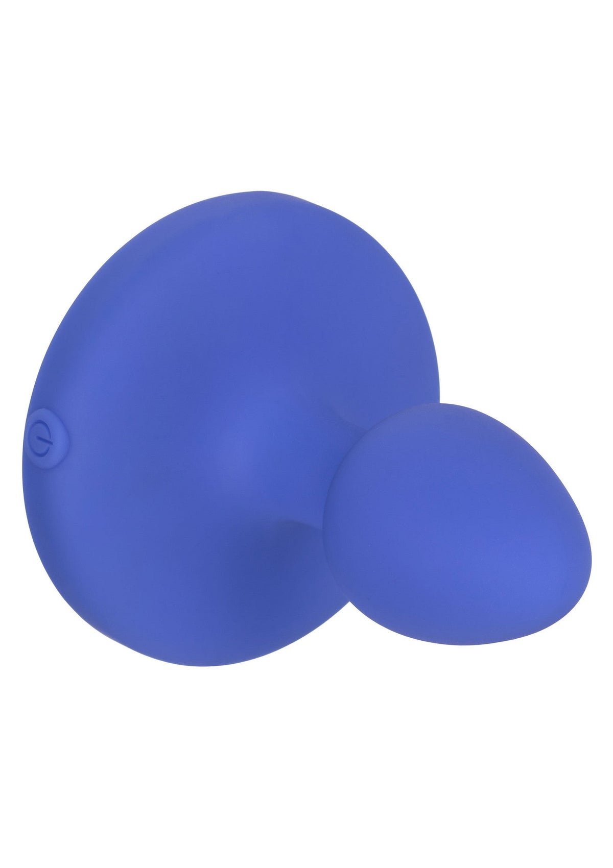 Vista laterale plug anale ergonomico in silicone blu opaco con pulsante