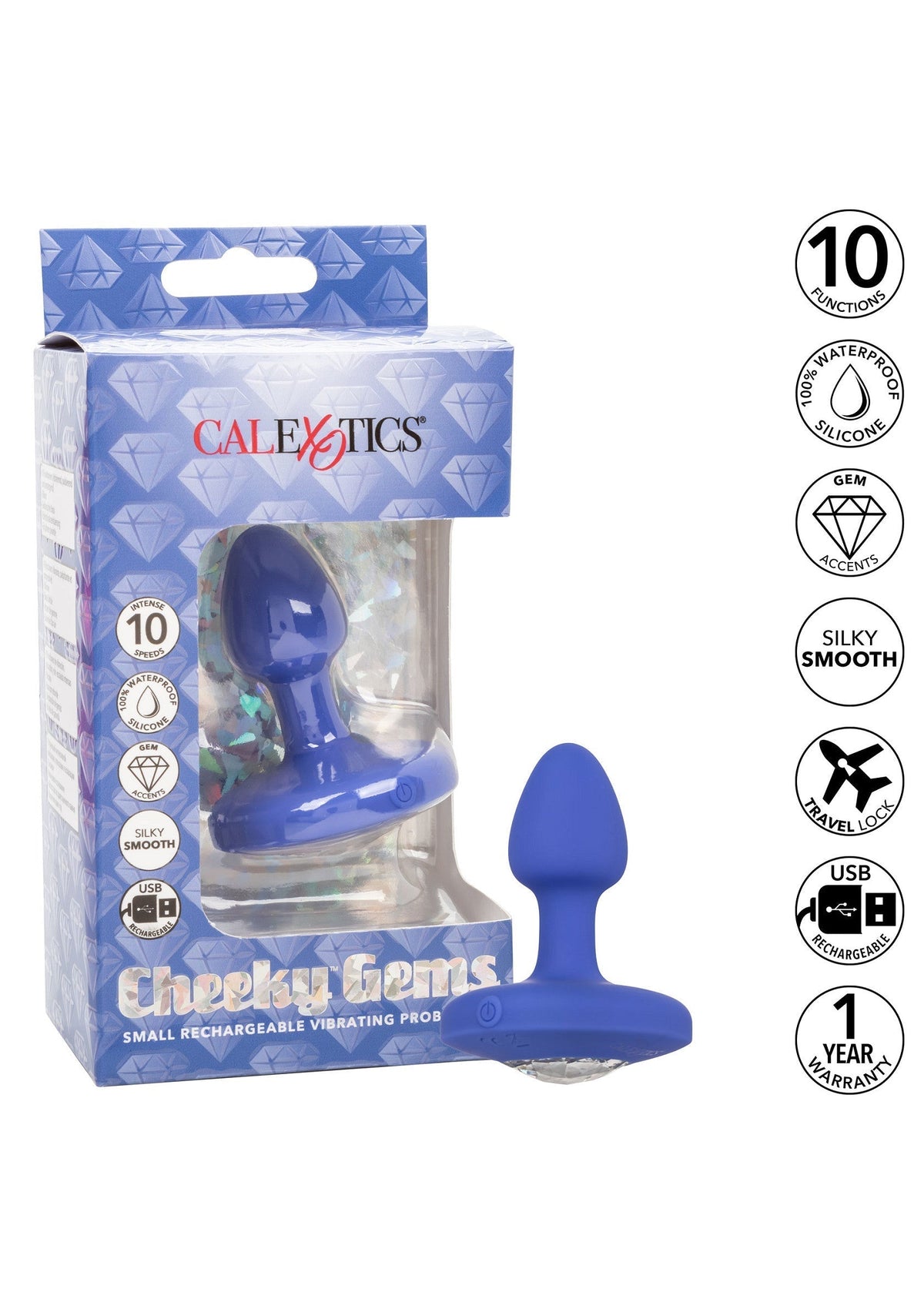 Plug anale ricaricabile Calexotics fuori confezione con scatola Cheeky Gems