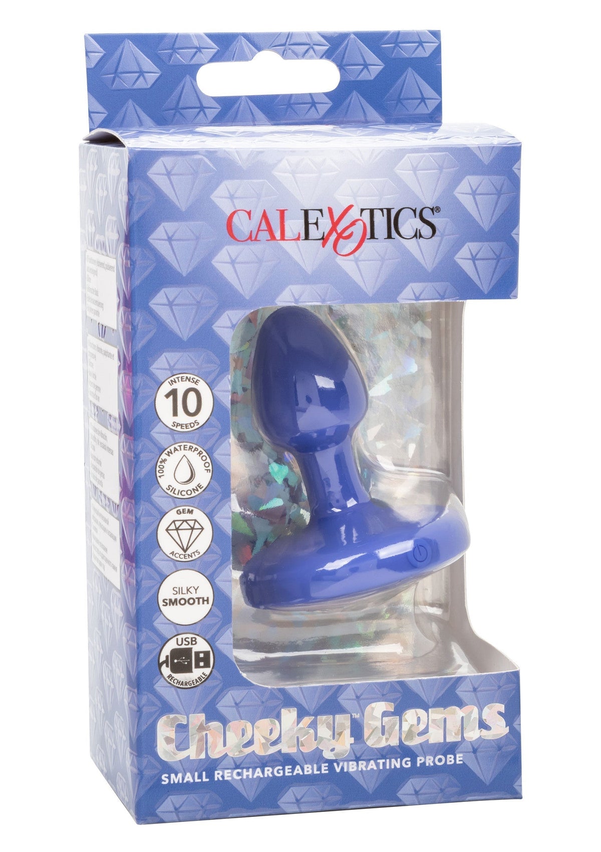 Plug vibrante impermeabile in silicone blu nella confezione trasparente