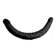 Doppio dildo nero forma U 30 cm vista frontale su sfondo bianco con teste rotonde e superficie morbida