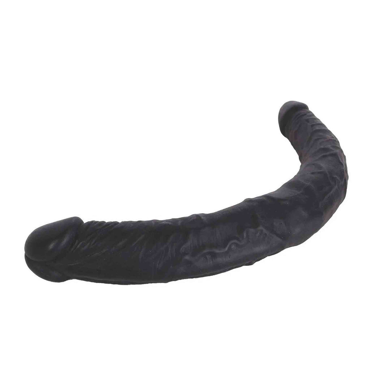 Doppio dildo nero curvo 30 cm dettaglio laterale texture rugosa longitudinale e materiale flessibile opaco