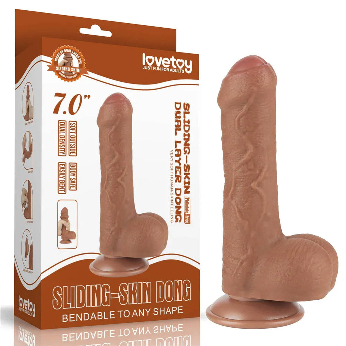Dildo marrone chiaro accanto confezione Lovetoy sliding skin layer