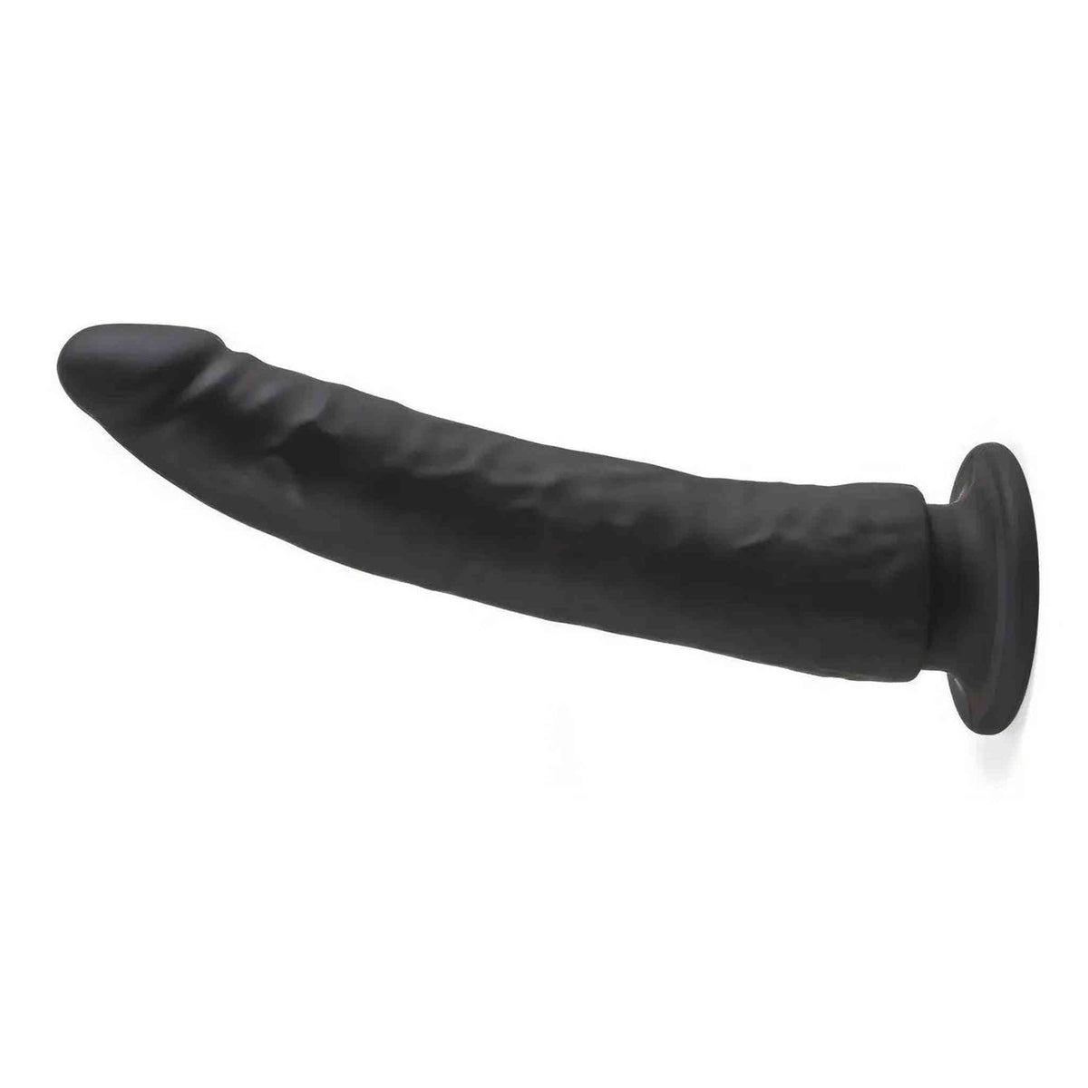 Vista laterale dildo nero in silicone con ventosa e texture morbida