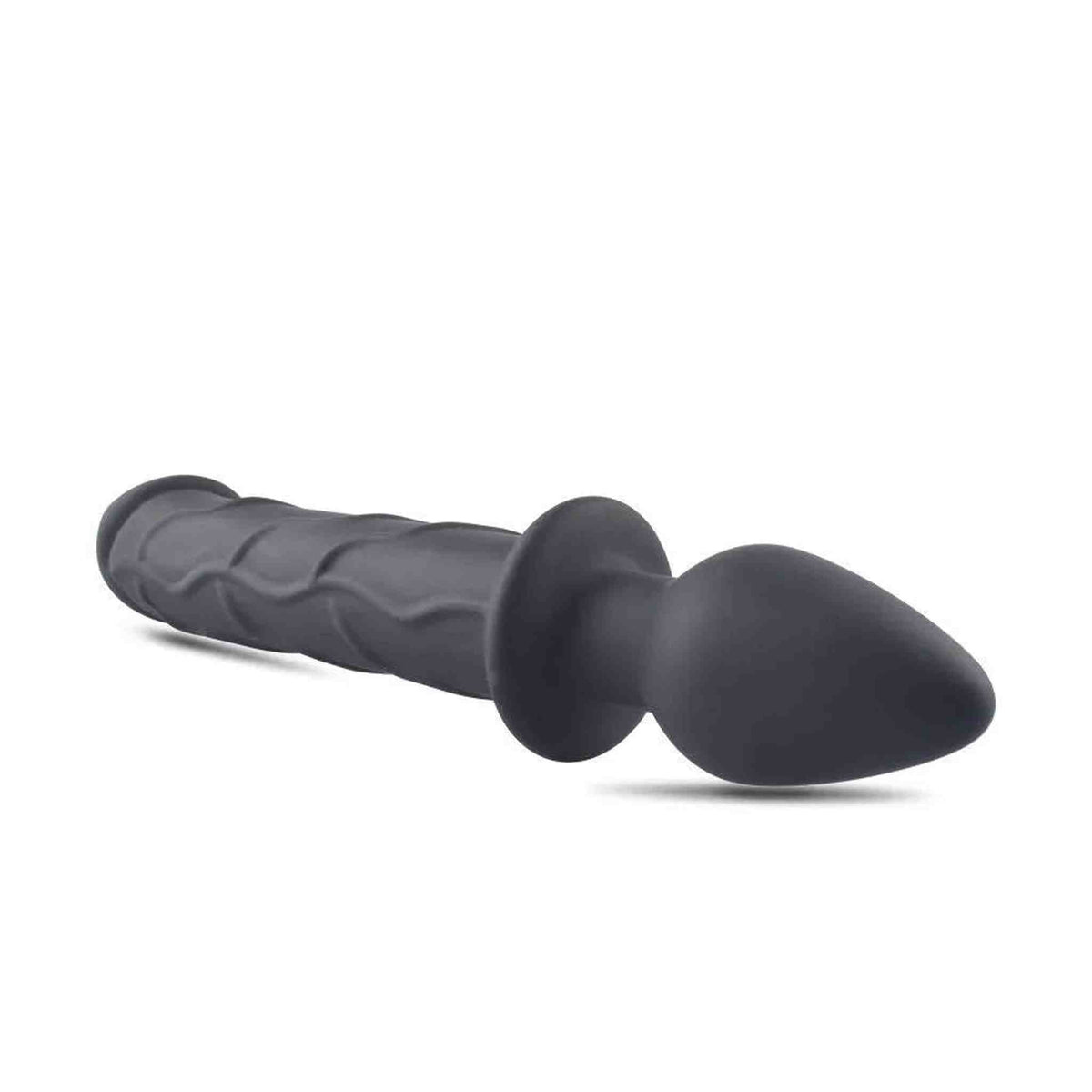 Dettaglio profilo toy anale doppio uso in silicone nero vellutato