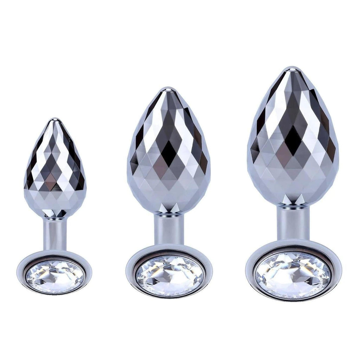 Set di tre plug anali Disco Diamond in vetro trasparente taglie diverse