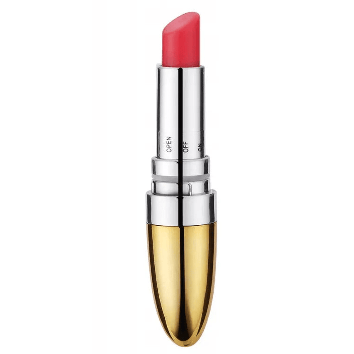 Vibratore rossetto oro con pulsanti ON OFF OPEN e punta rosa visibile