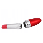 Vibratore rossetto rosso lucido con punta rosa e dettagli in metallo argentato