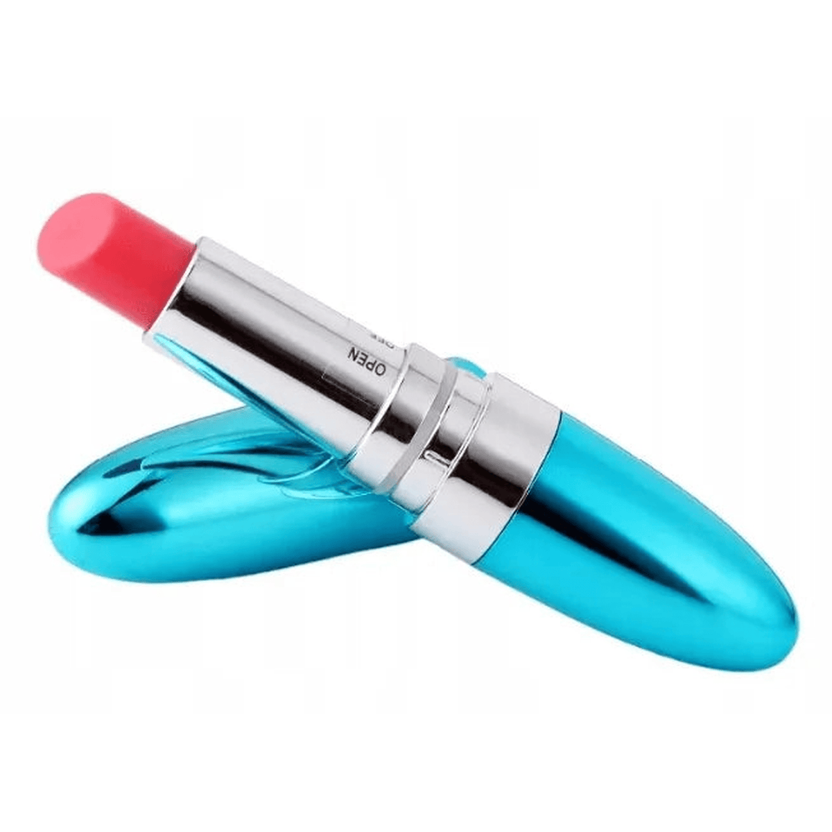 Vibratore rossetto blu con cappuccio aperto e scritta OPEN su sfondo bianco
