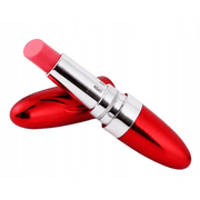 Vibratore rossetto rosso lucido con scritta OPEN e sezione centrale argento