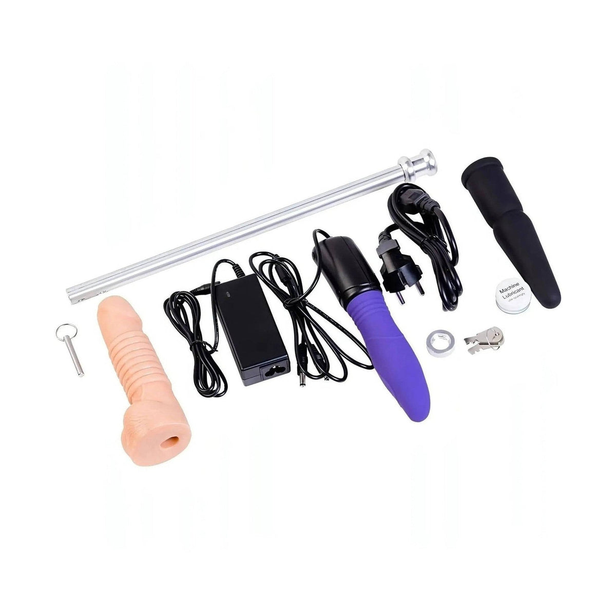 Accessori Diva ToolBox Lover: attacchi in silicone, lubrificante e chiavi su sfondo bianco