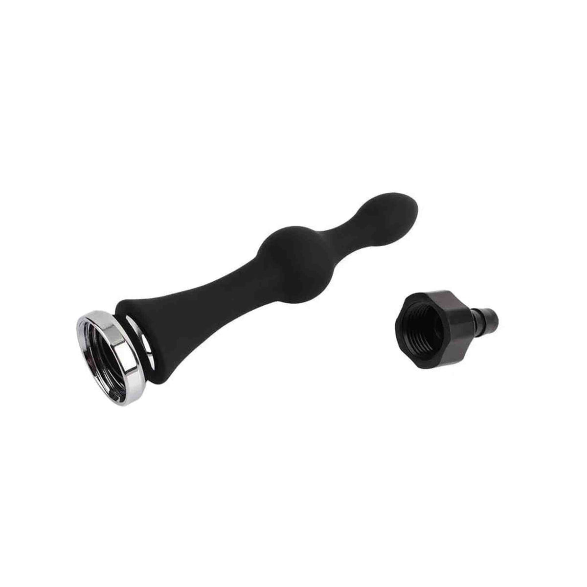 Plug anale ergonomico nero in silicone con anello cromato e tappo per doccia flessibile