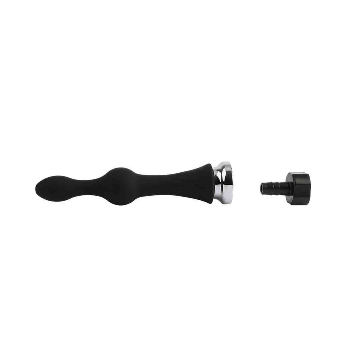 Plug anale nero in silicone a forma di goccia con anello metallico e connettore tubo