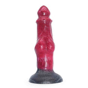 Vista laterale dildo silicone rosso finitura lucida e base nera granulosa