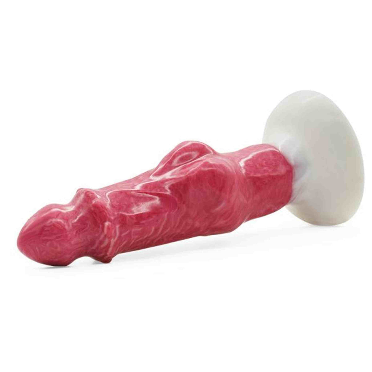Dildo silicone rosso venature chiare con base bianca opaca concava