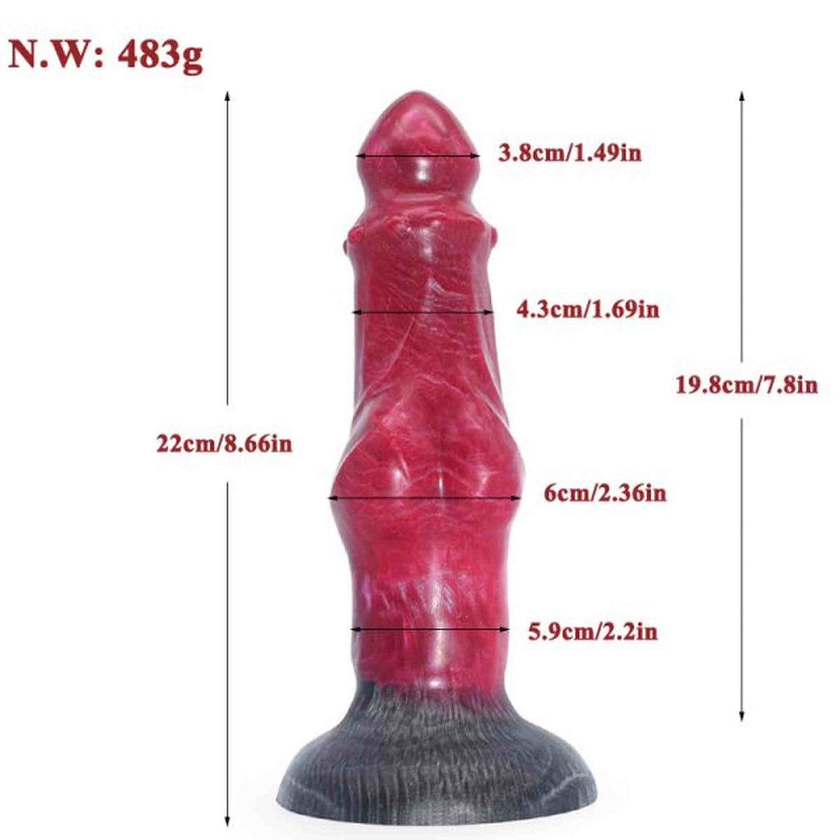 Dildo in silicone rosso con base nera texture legno, vista frontale dettagliata