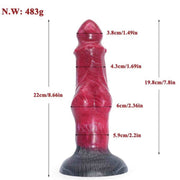 Dildo in silicone rosso con base nera texture legno, vista frontale dettagliata