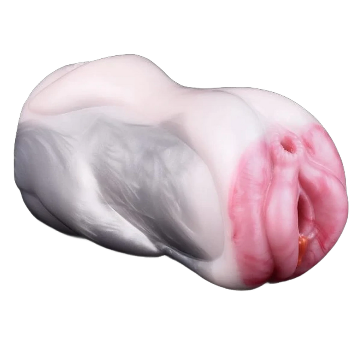 Vista laterale Dolfin masturbatore uomo silicone bianco con dettagli rosa e arancione